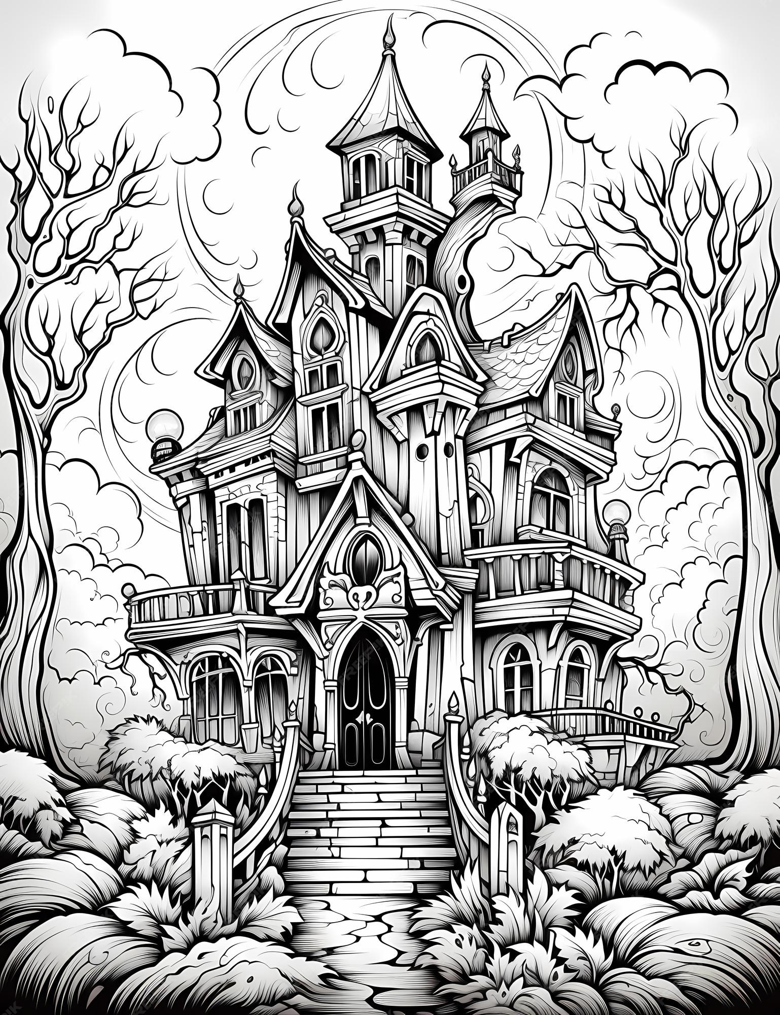 Premium photo k simple coloring book page halloween haunted mansion black and white