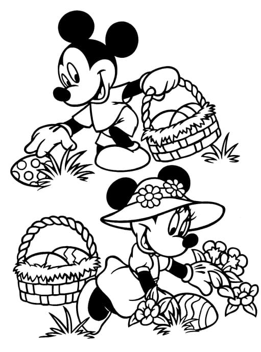Mickey and minnie on easter coloring page