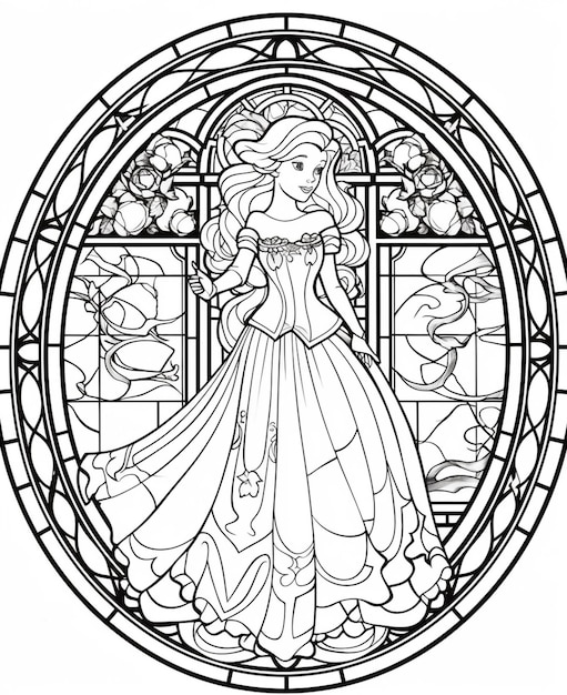 Premium ai image a coloring page of a princess in a dress in a stained glass window generative ai