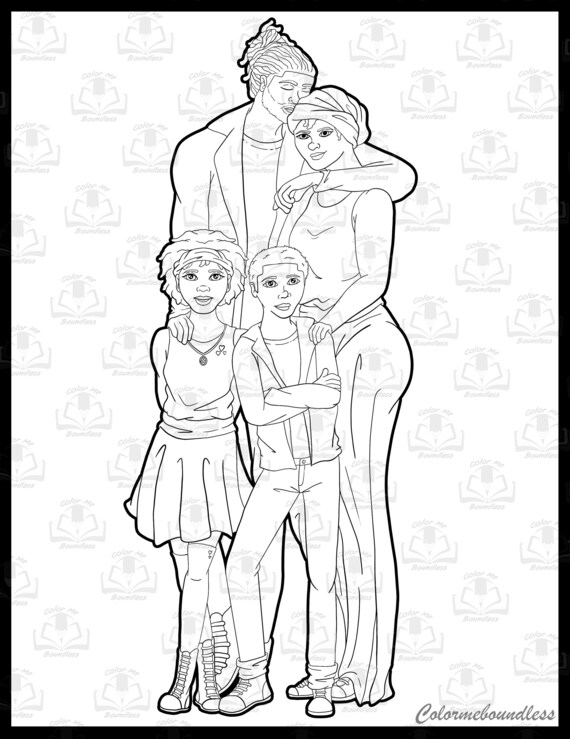 Cute black family of printable coloring page digital download