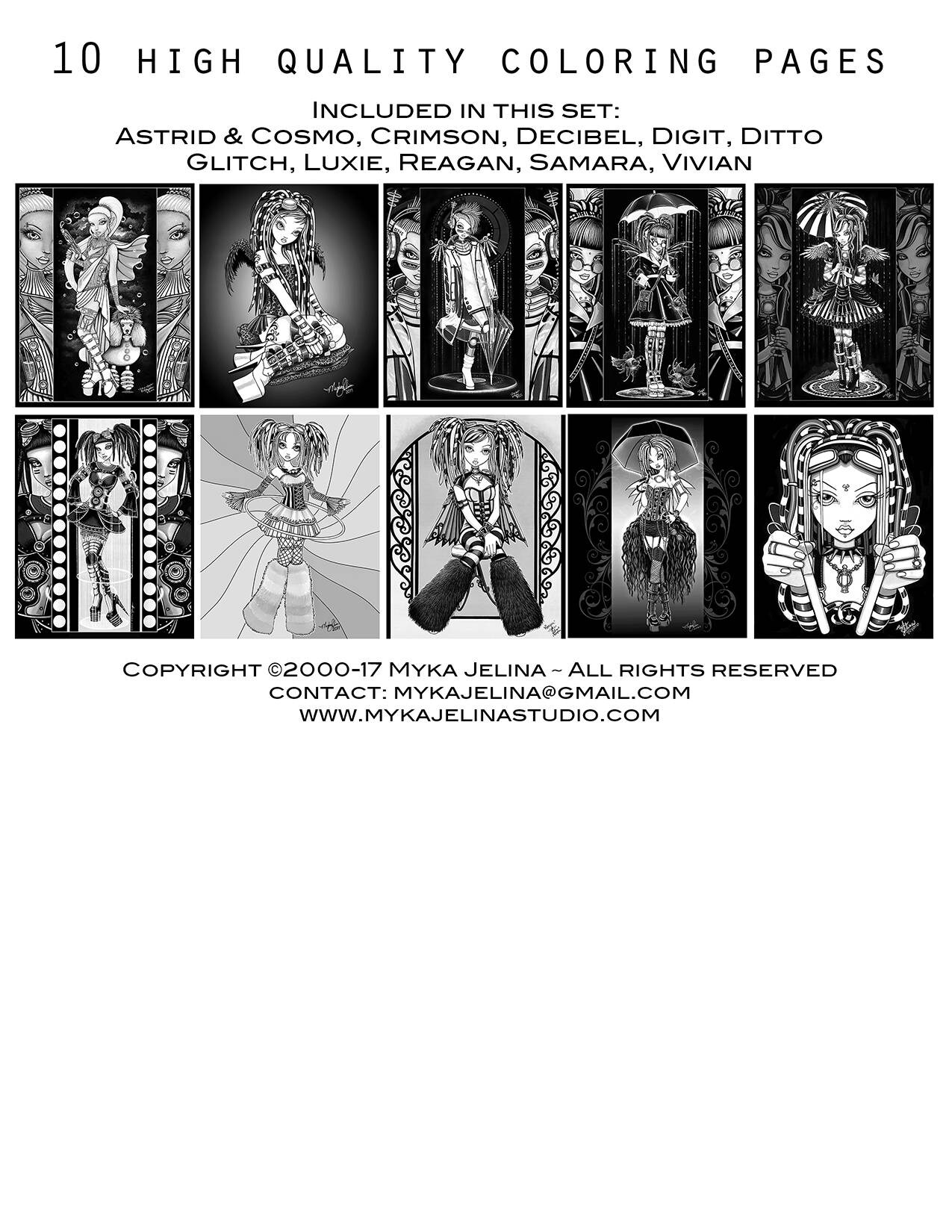 Set grayscale printable coloring book myka jelina art sci fi cyber goth digital download androids pages fairy art