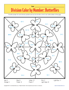 Color by number butterflies printable division worksheets