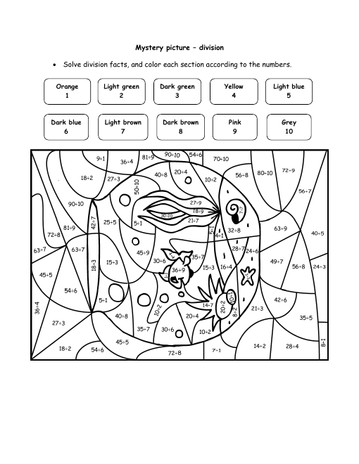 Hidden aquarium division puzzle division worksheets color worksheets math coloring worksheets