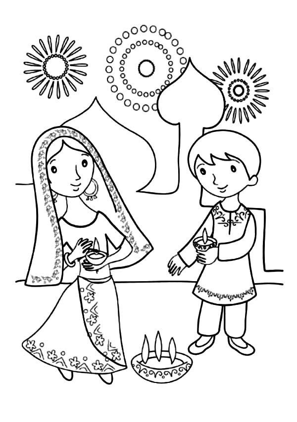 Kids celebrate diwali colorg page