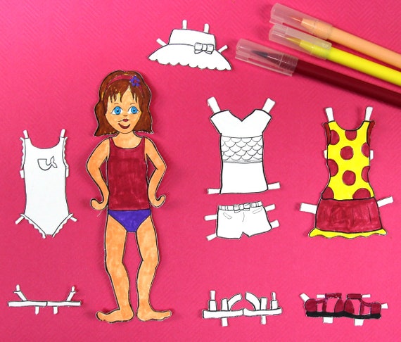 Printable paper dolls summer girl summer paper craft template and coloring pages for kids paper toy for girls pdf instant download