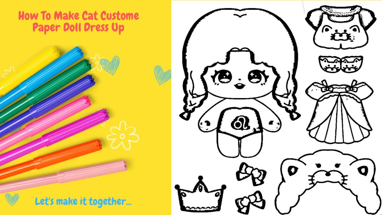 Diy how to make cat custome paper doll dress up drawing coloring easy paperdoll