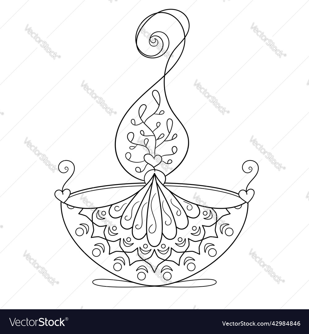 Coloring page with burning diya diwali light vector image