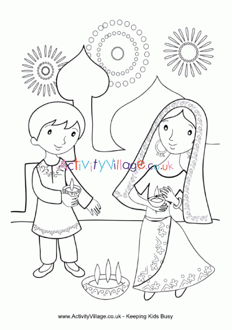 Children lighting diya louring page
