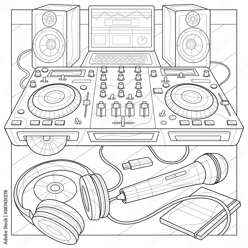 Dj console microphone headphones laptop and speakerscoloring book antistress for children and adults illustration isolated on white backgroundzen