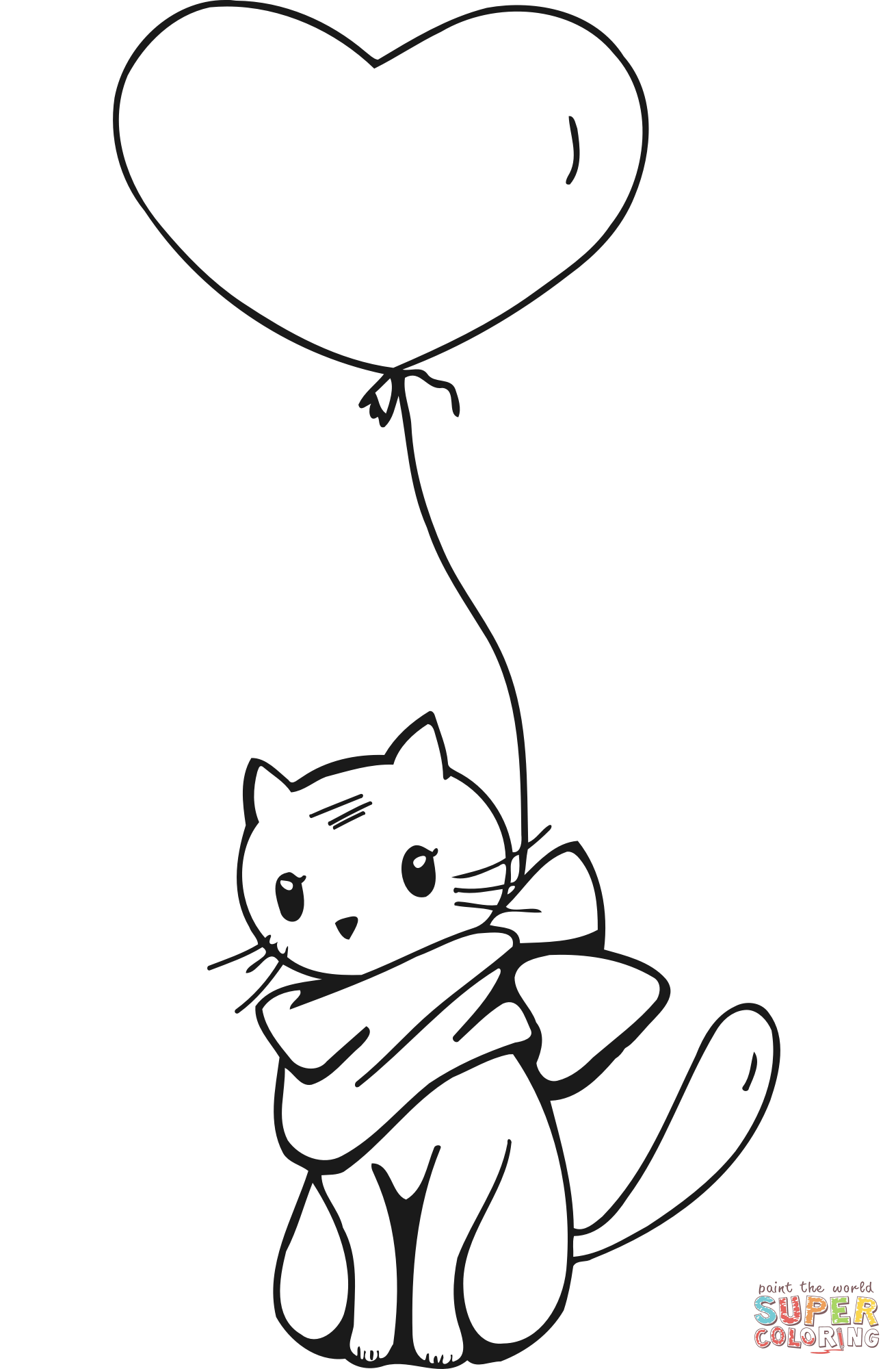 Cat and balloon line drawing coloring page free printable coloring pages
