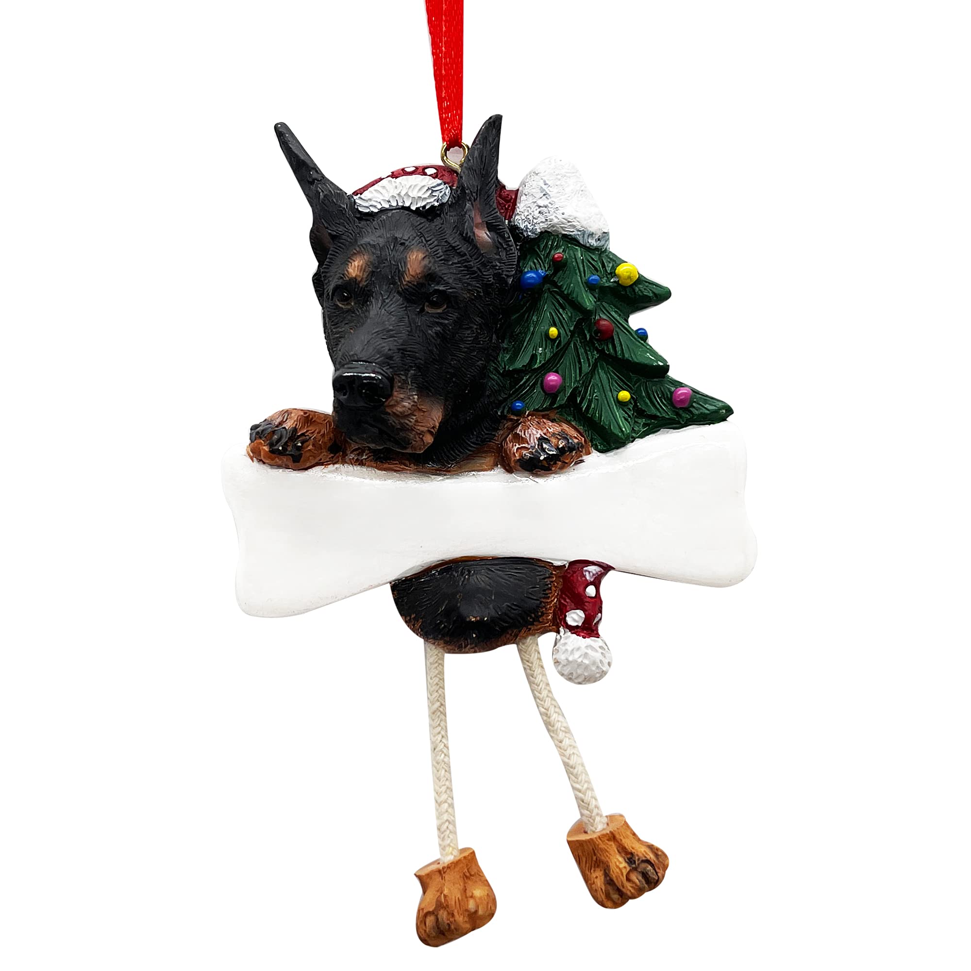 Doberman ornament with unique dangling legs hand painted and easily personalized christmas ornament home kitchen