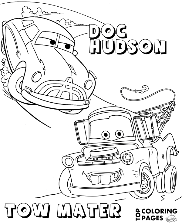 Doc hudson and tow mater on printable coloring page