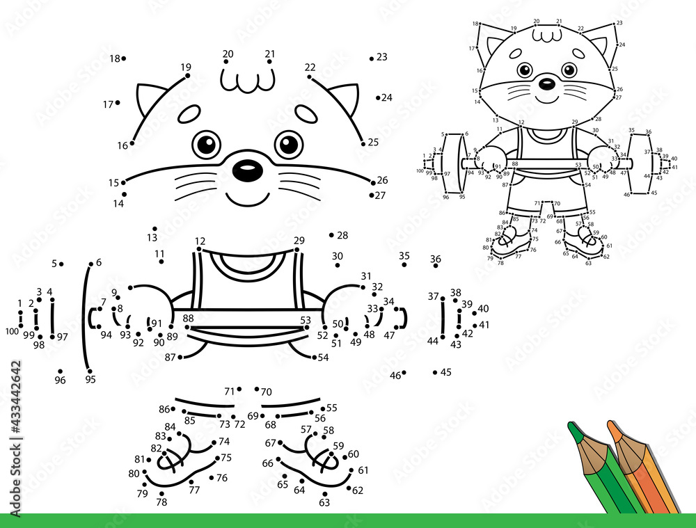 Puzzle game for kids numbers game coloring page outline of cartoon cat with barbell sport coloring book for children vector