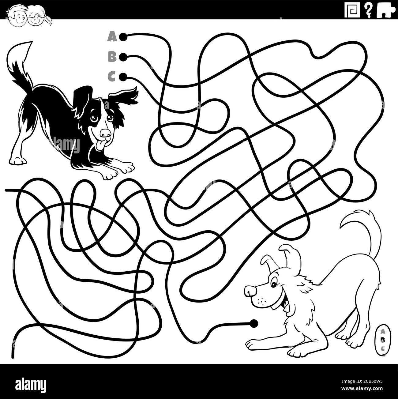 Black and white cartoon illustration of lines maze puzzle game with playful dogs or puppies characters coloring book page stock vector image art
