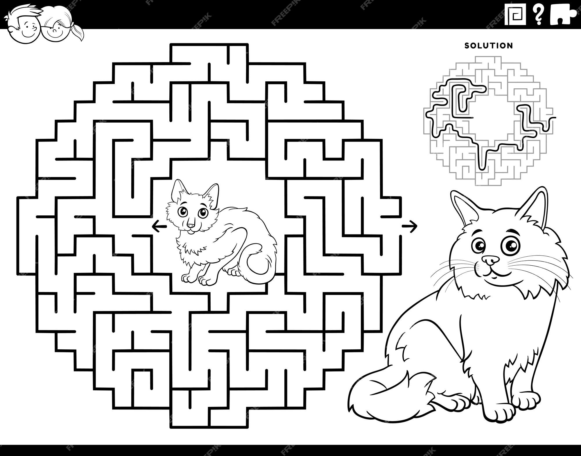 Premium vector maze with cartoon cats animal characters coloring page