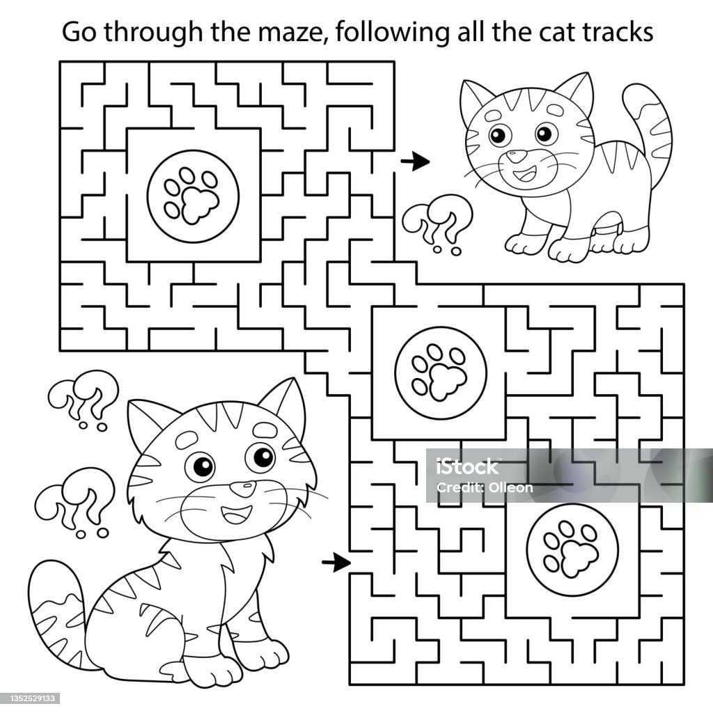 Maze or labyrinth game puzzle coloring page outline of cartoon cat with kitten coloring book for kids stock illustration