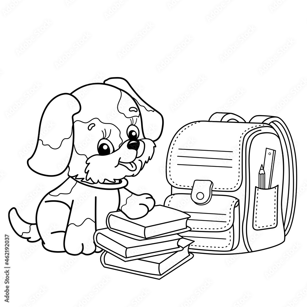 Coloring page outline of cartoon little dog with school supplies cute puppy with satchel and books coloring book for kids vector