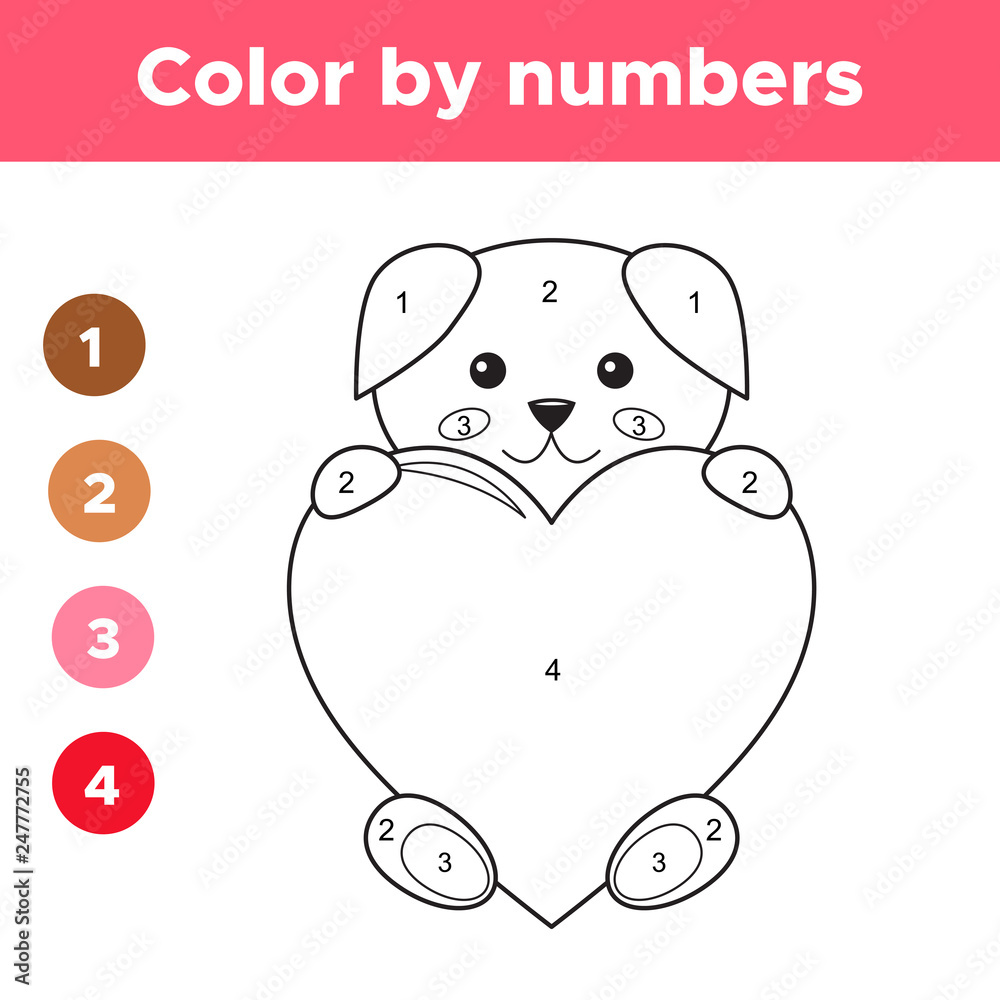 Color by numbers for preschool kids valentines day cartoon kawaii dog with big heart coloring page or book educational math game vector illustration vector