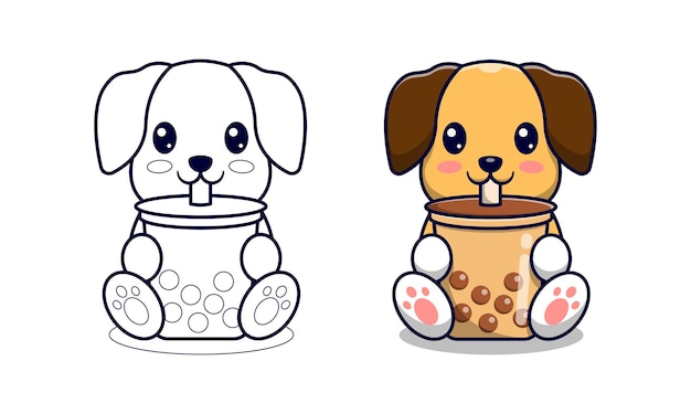 Premium vector cute dog with bubble tea cartoon coloring pages for kids