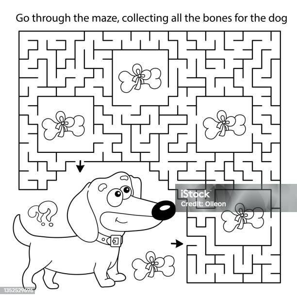 Maze or labyrinth game puzzle coloring page outline of cartoon little dog with doghouse or kennel coloring book for kids stock illustration