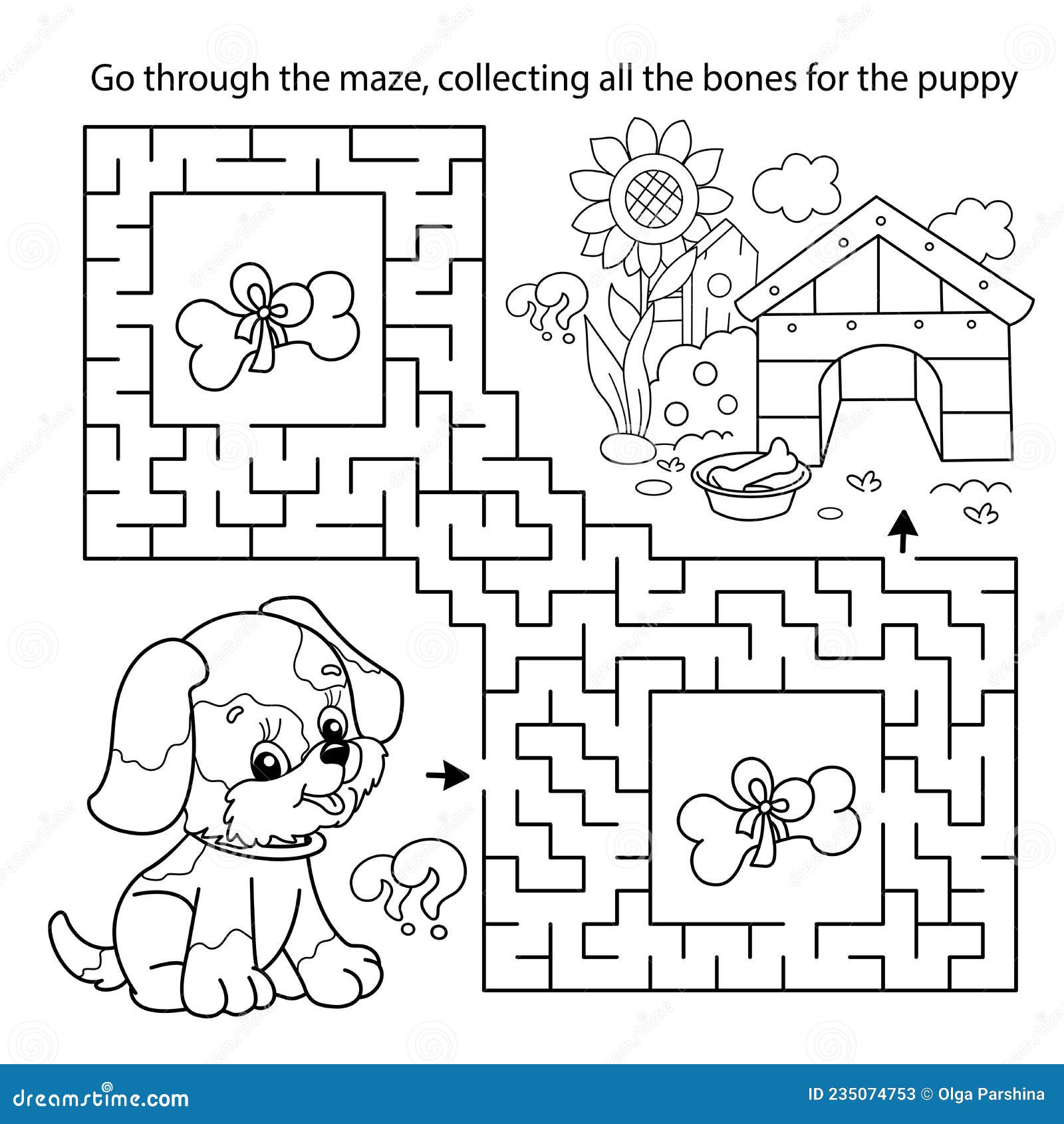 Maze or labyrinth game puzzle coloring page outline of cartoon little dog with doghouse or kennel stock vector