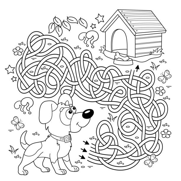 Maze or labyrinth game puzzle tangled road coloring page outline of cartoon little dog with doghouse or kennel coloring book for kids stock illustration