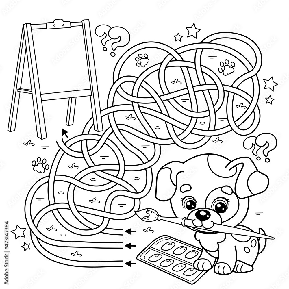Maze or labyrinth game puzzle tangled road coloring page outline of cartoon little dog with with brush and paints little artist with easel coloring book for kids vector