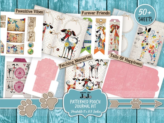 Dog junk journal kit printable cute scrapbook papers animal digital ephemera set whimsical collage craft puppy color pages bookmarks