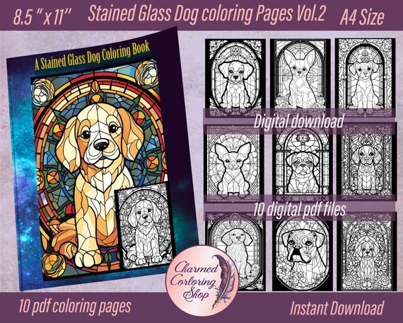Dogs stained glass style coloring pages vol digital pdf files instant download perfect for a coloring experience at home