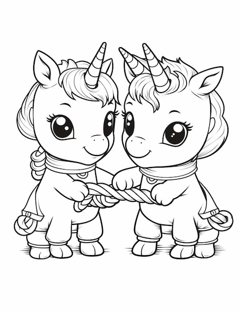 Premium ai image a coloring page of two little unicorns with horns and tails generative ai