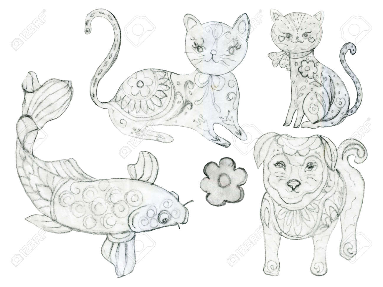 Sketch outline etnic coloring book cat dog fish art russian moscow east folk elements pencil hand drawn stock photo picture and royalty free image image
