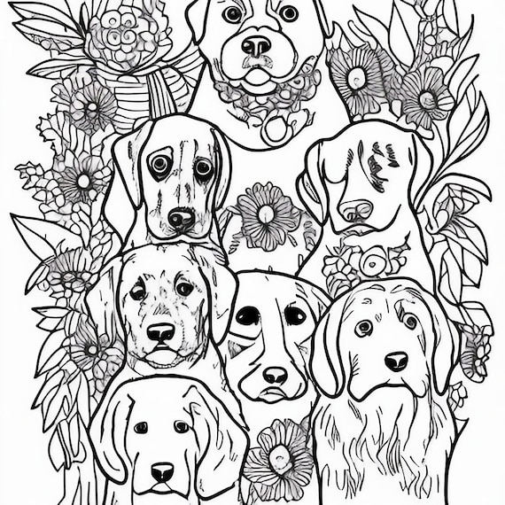 Dogs and flowers abstract coloring page pdf digital download instant download