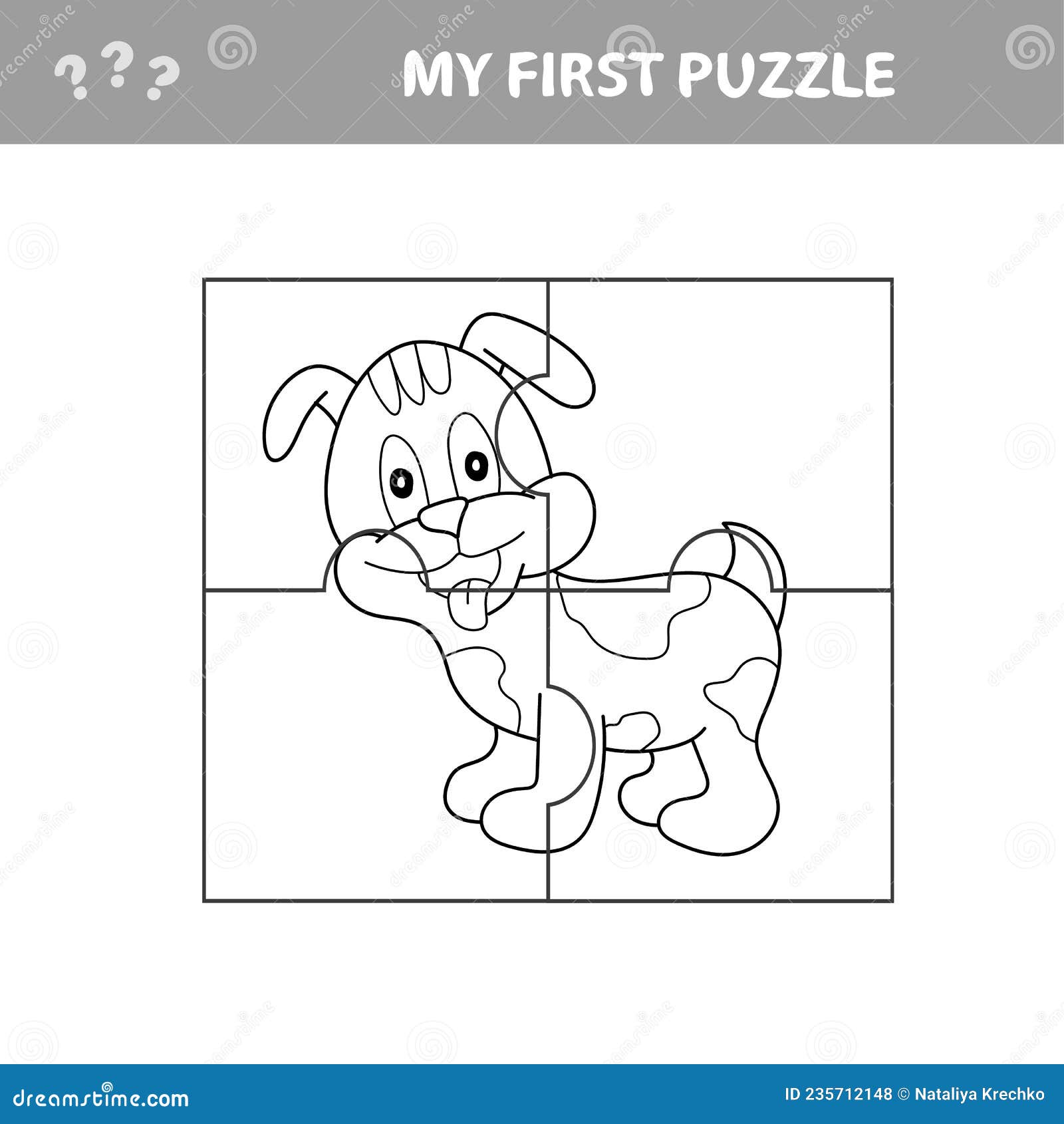Cartoon educational jigsaw puzzle game for children with funny dog character stock vector