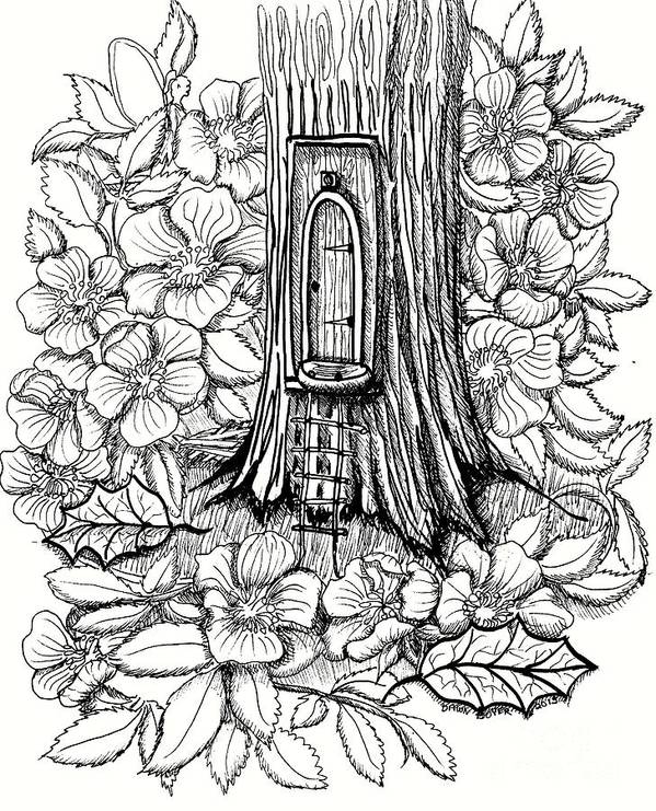 Fairy tree door with dogwood art print by dawn boyer