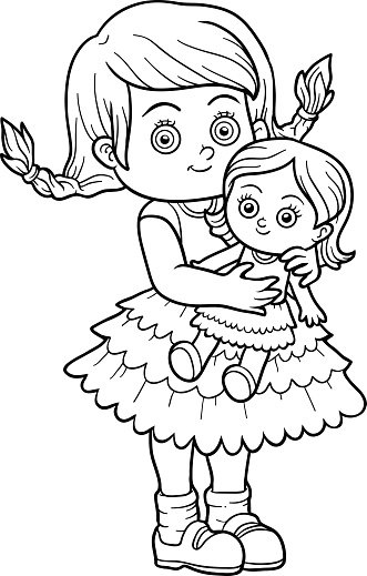 Coloring book little girl with a doll stock clipart royalty