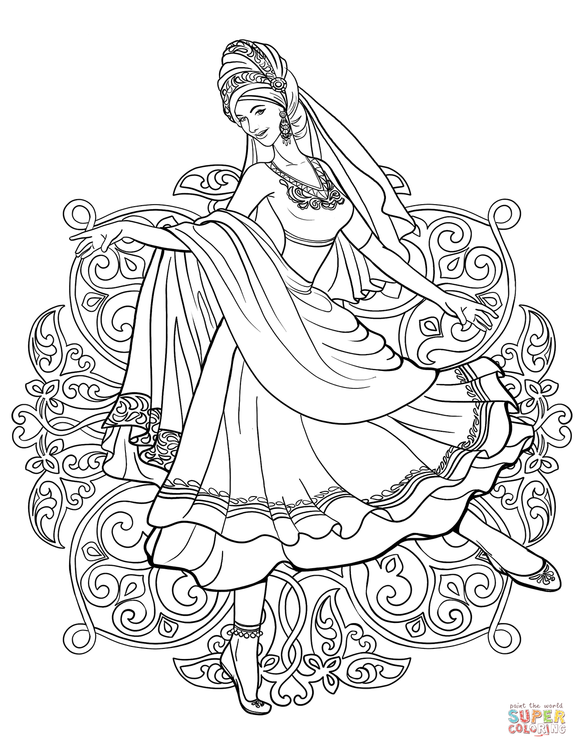 Indian woman dancing in a traditional dress coloring page free printable coloring pages