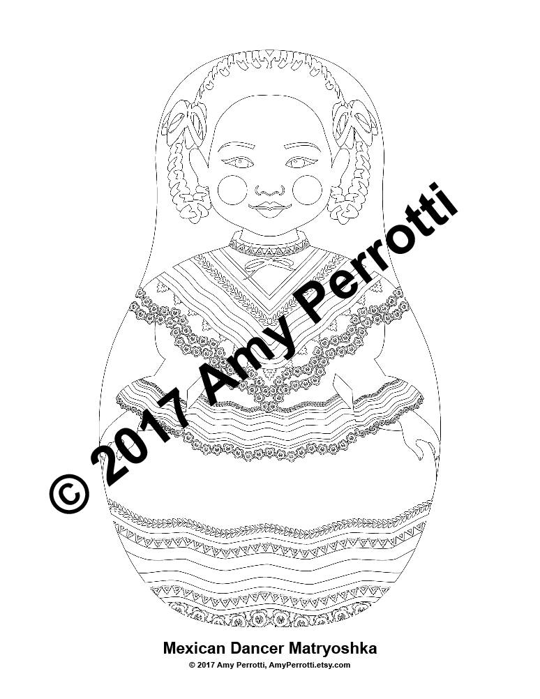 Mexican dancer coloring sheet printable file traditional folk dress matryoshka doll