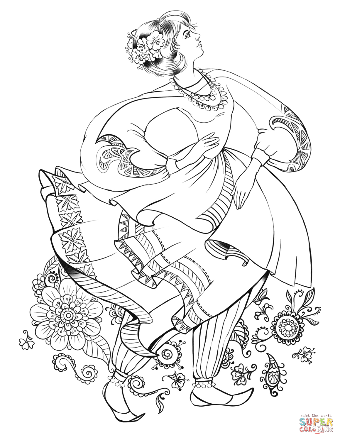 Dancing woman in a folk costume coloring page free printable coloring pages