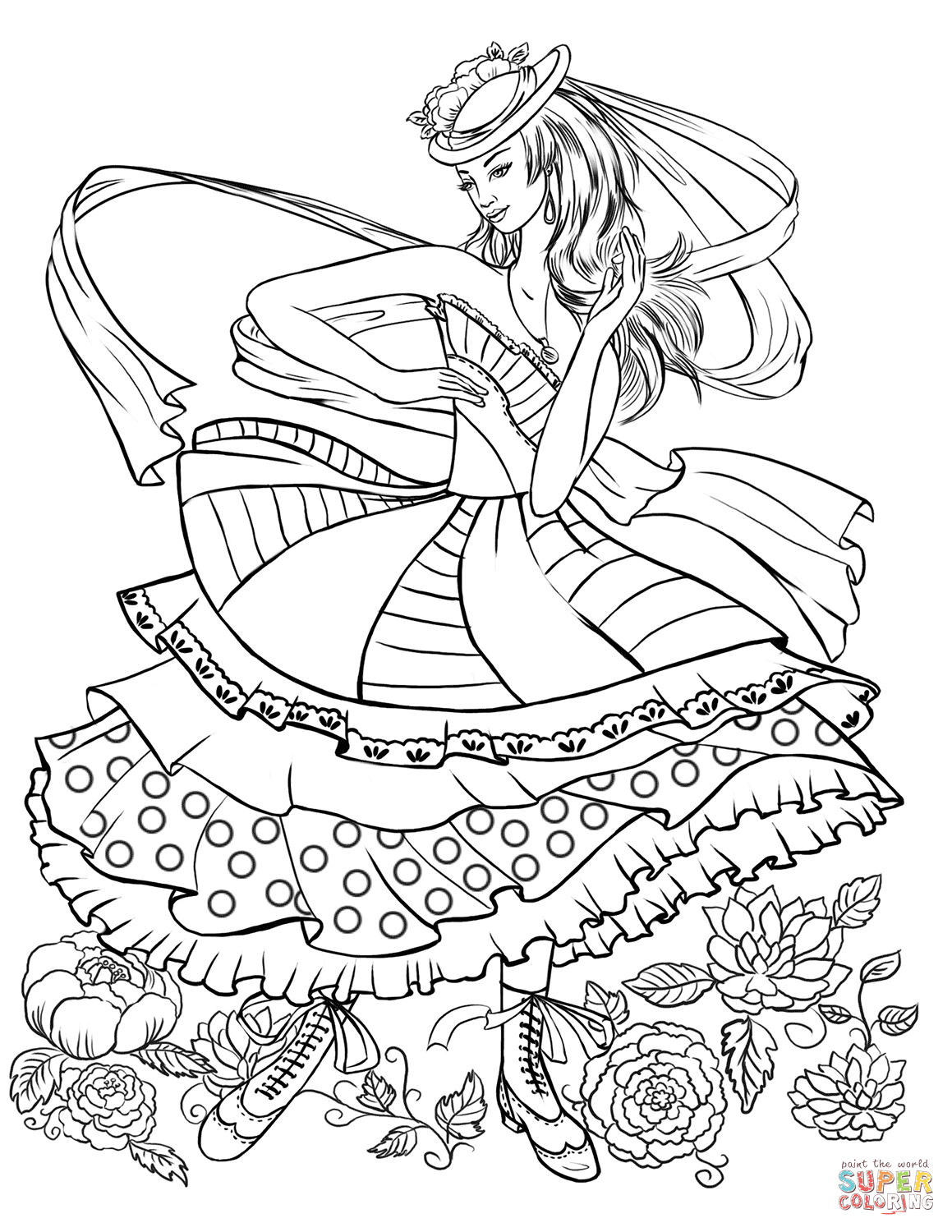 Girl dancing in a vintage fashion clothing coloring page free printable coloring pages