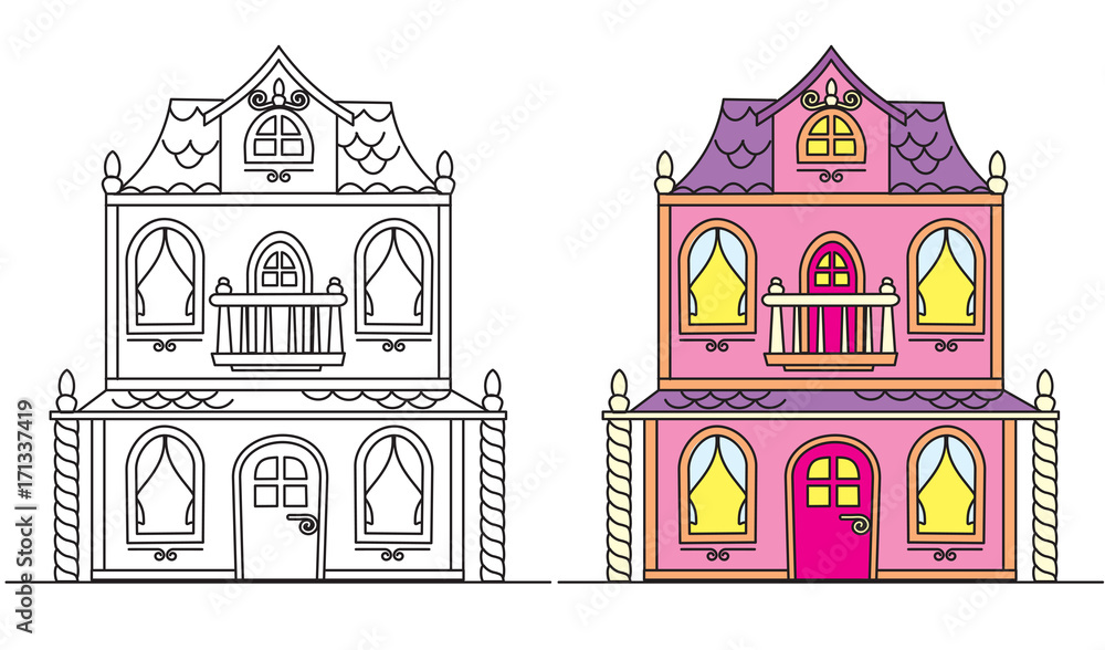 Coloring pages for kids pretty pink dolls house vector