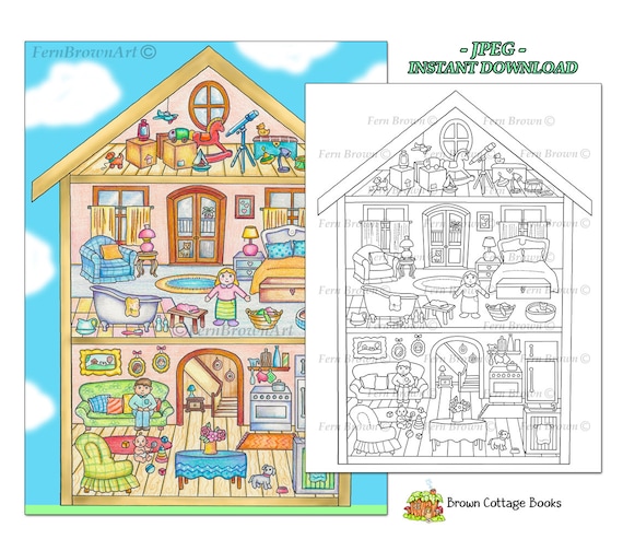 Doll house coloring page family cozy home coloring instant download line art dollhouse home by fern brown hand