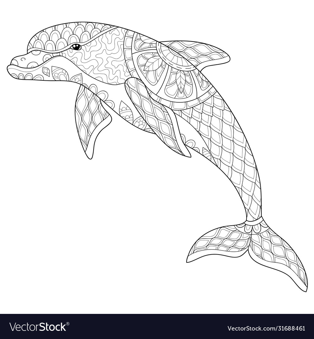 Adult coloring bookpage a dolphin with ornaments vector image
