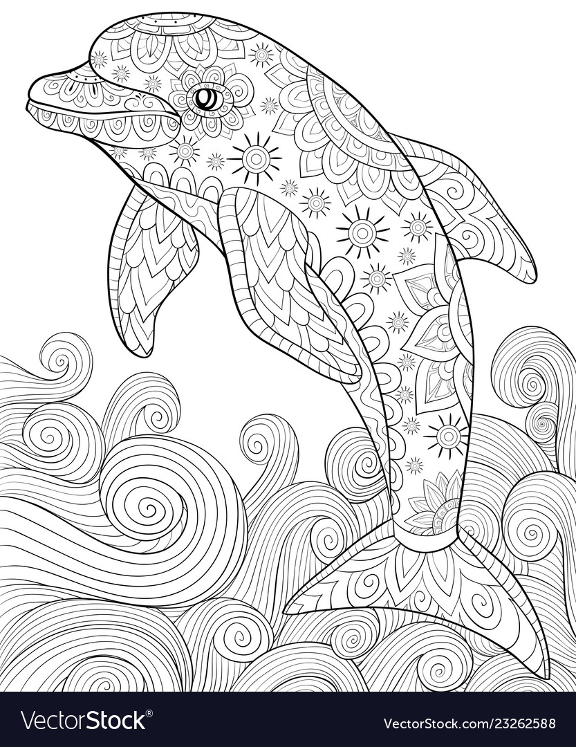 Adult coloring bookpage a cute dolphin and waves vector image