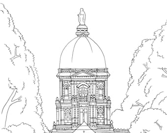 Notre dame golden dome printable art adult coloring book page fighting irish artwork university campus south bend digital download