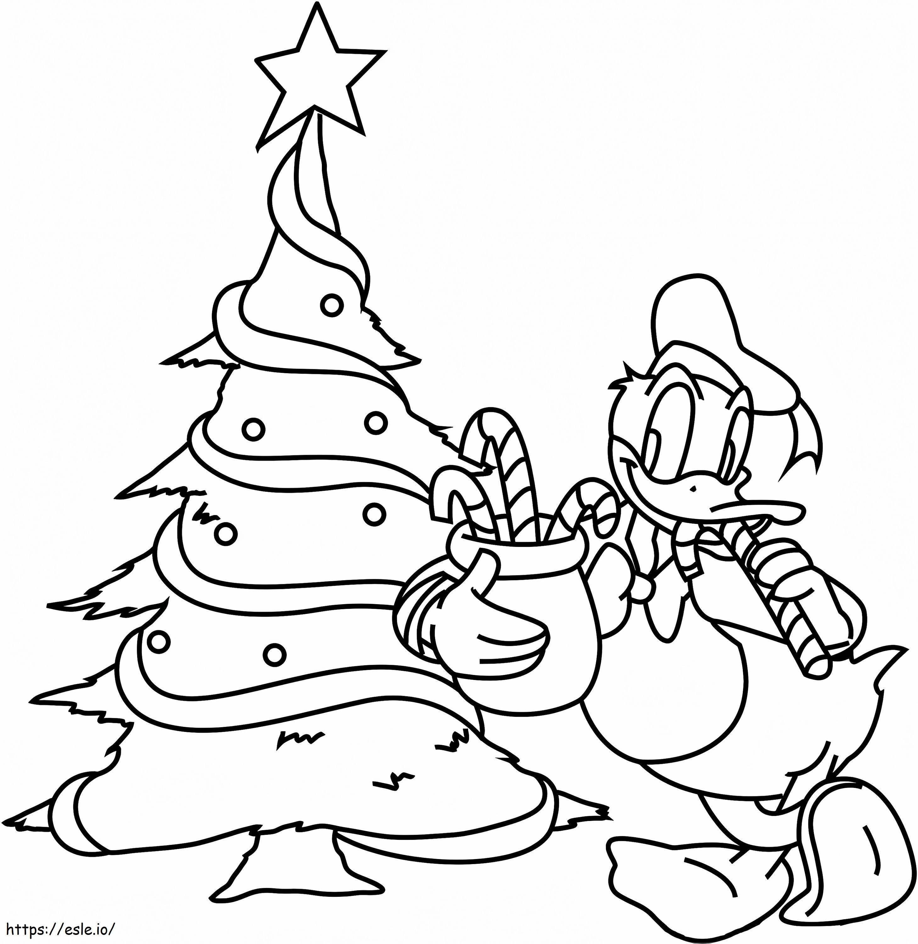 Donald duck with christmas tree a coloring page