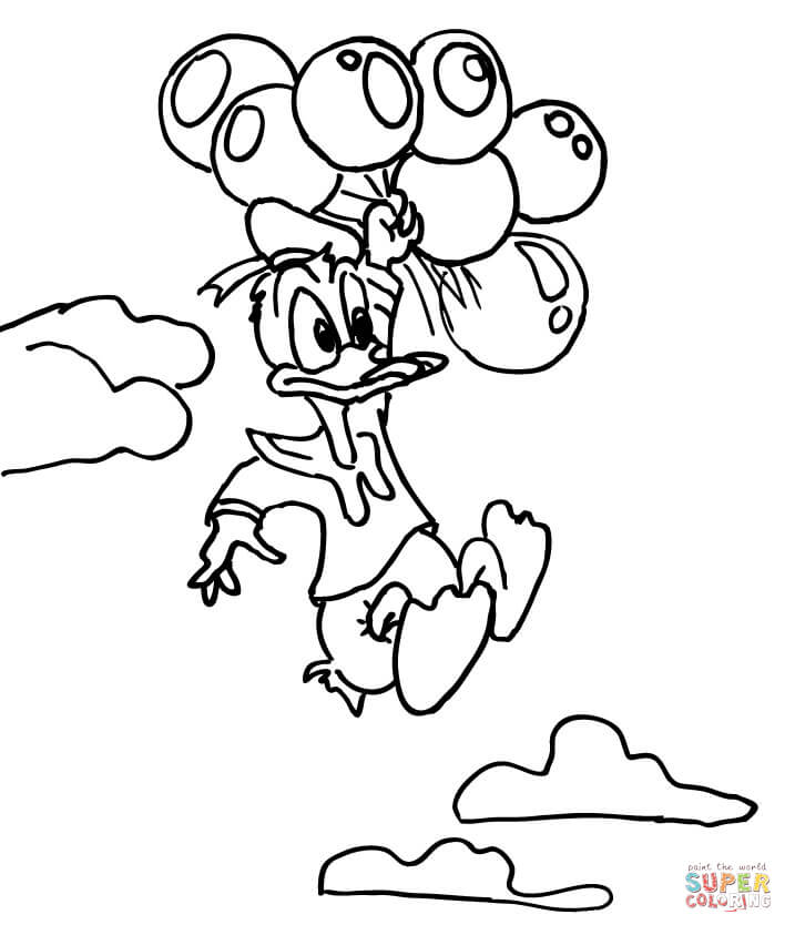 Donald duck flying in the sky with balloons coloring page free printable coloring pages
