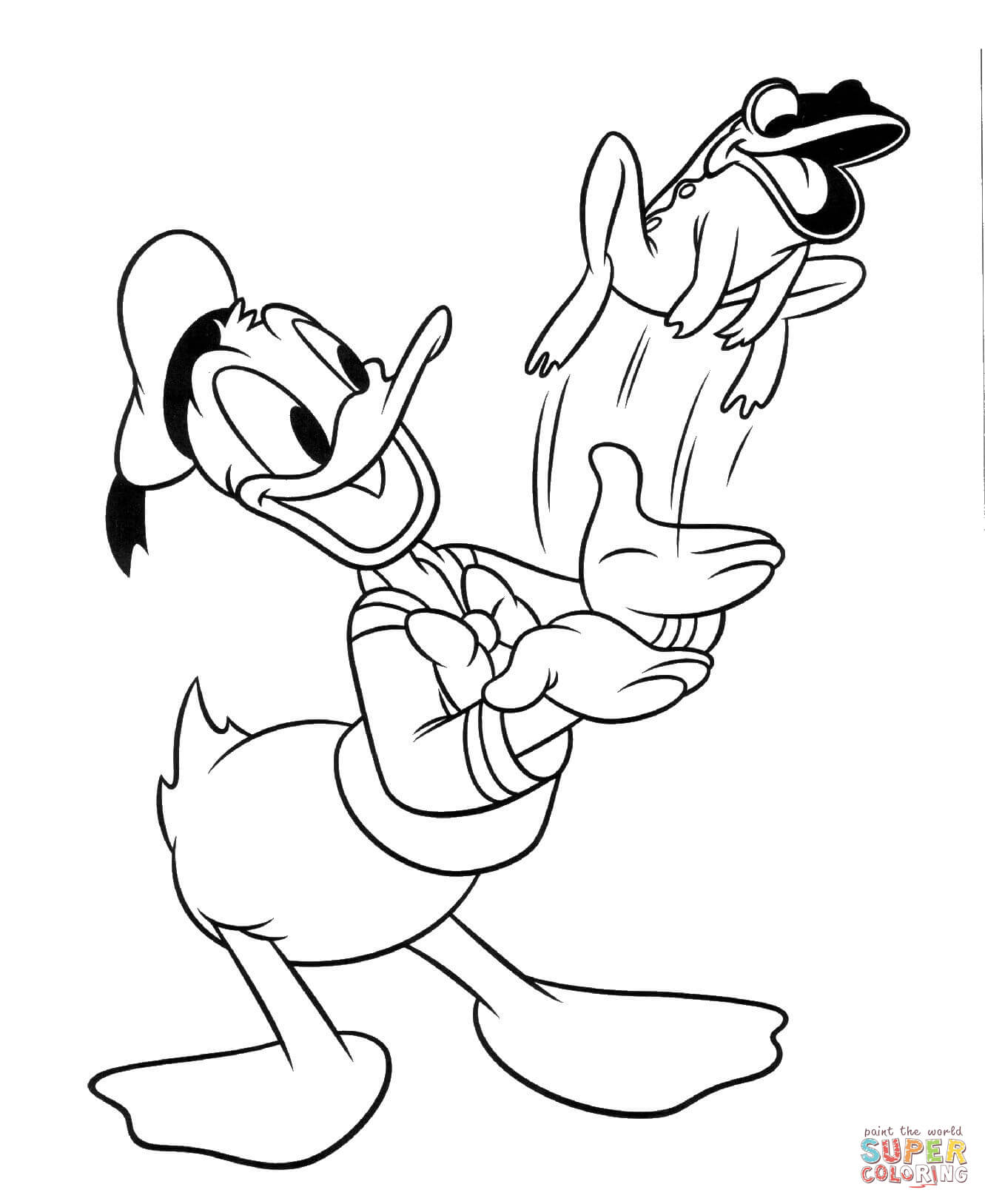 Donald duck with frog coloring page free printable coloring pages