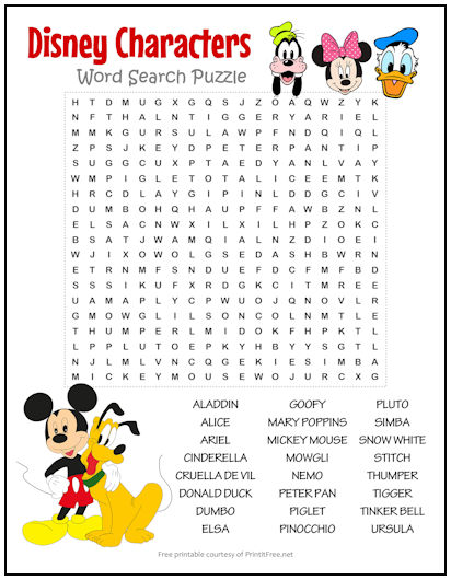 Disney characters word search puzzle print it free