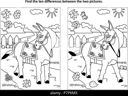 Find the ten differences picture puzzle and coloring page with donkey or burro walking at rural scene stock vector image art