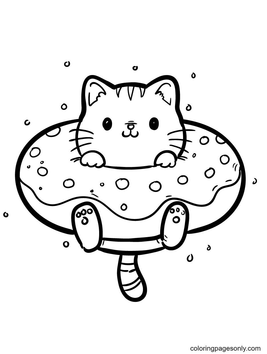 Kitten crawls into a tube inside a donut coloring page